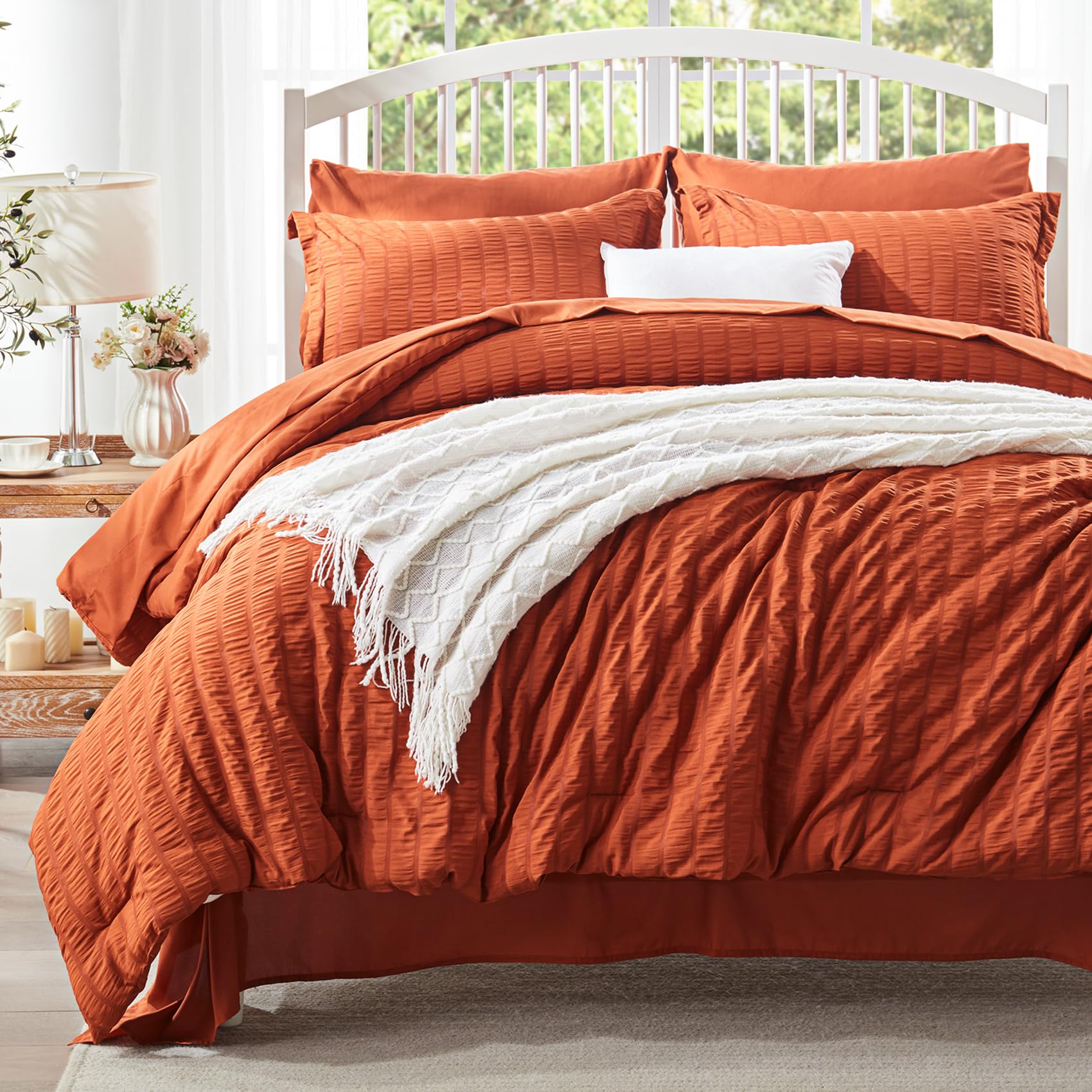 Zzlpp Full Comforter Set 7 Pieces, Burnt Orange Seersucker Bed In A Bag With And Sheets, All Season Bedding Sets 1 Comforter, 2